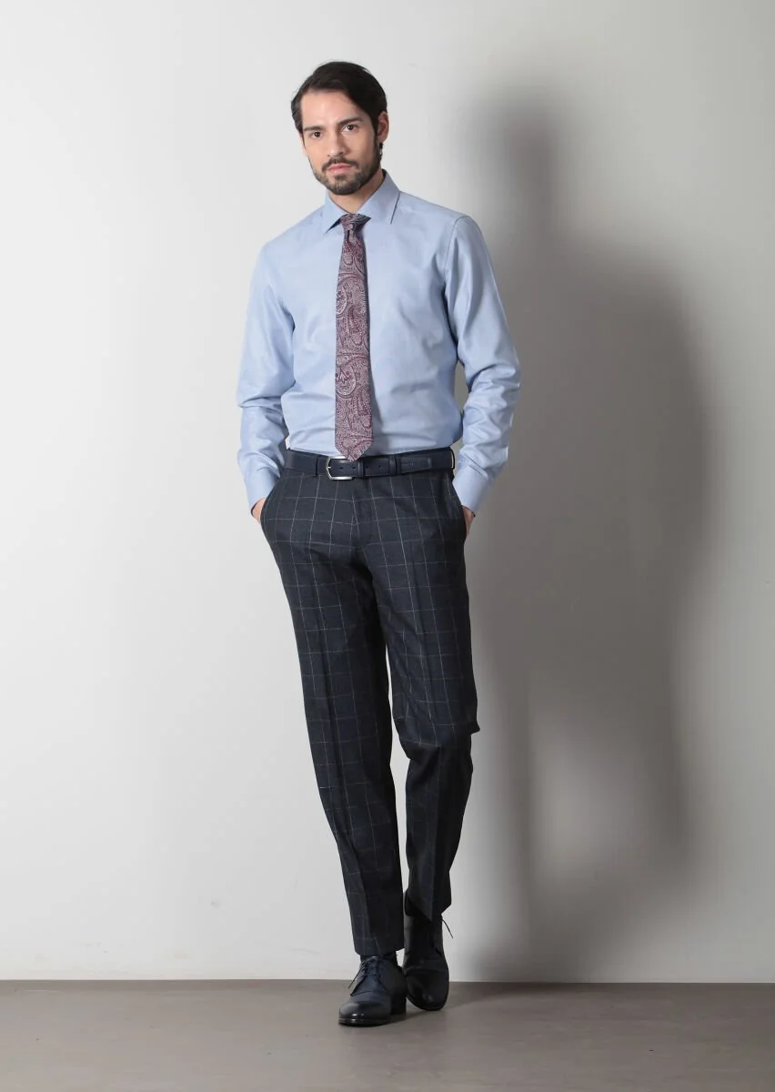 Blue Micro Regular Fit Weaving Classical 100% Cotton Shirt - 1