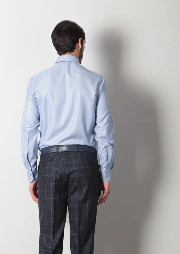 Blue Micro Regular Fit Weaving Classical 100% Cotton Shirt - 5