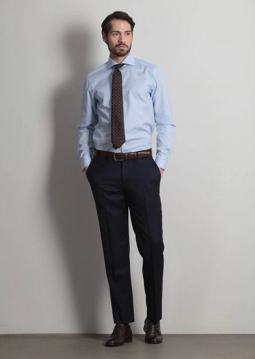 Blue Micro Regular Fit Weaving Classical 100% Cotton Shirt - 1