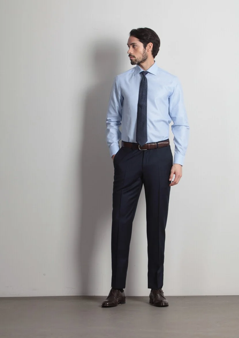 Blue Micro Regular Fit Weaving Classical 100% Cotton Shirt - 1