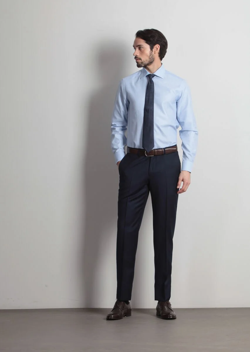 Blue Micro Regular Fit Weaving Classical 100% Cotton Shirt - 1