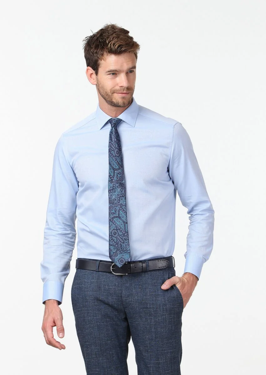 Blue Micro Regular Fit Weaving Classical 100% Cotton Shirt - 1