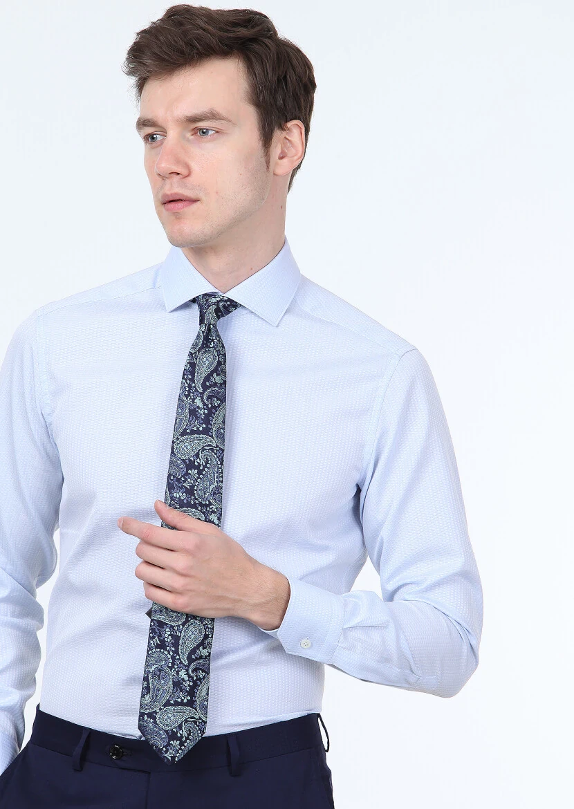 Blue Micro Regular Fit Weaving Classical 100% Cotton Shirt - 1