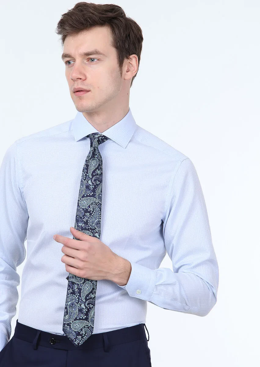 Blue Micro Regular Fit Weaving Classical 100% Cotton Shirt - 1