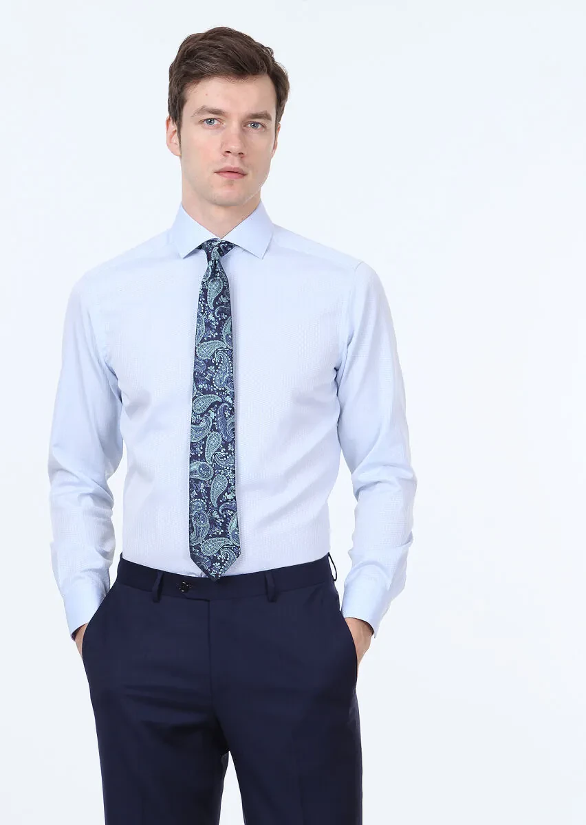 Blue Micro Regular Fit Weaving Classical 100% Cotton Shirt - 2