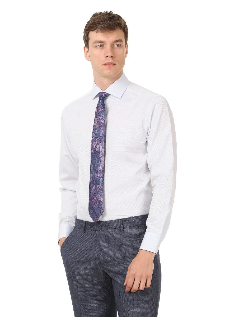 Blue Micro Regular Fit Weaving Classical 100% Cotton Shirt - 1