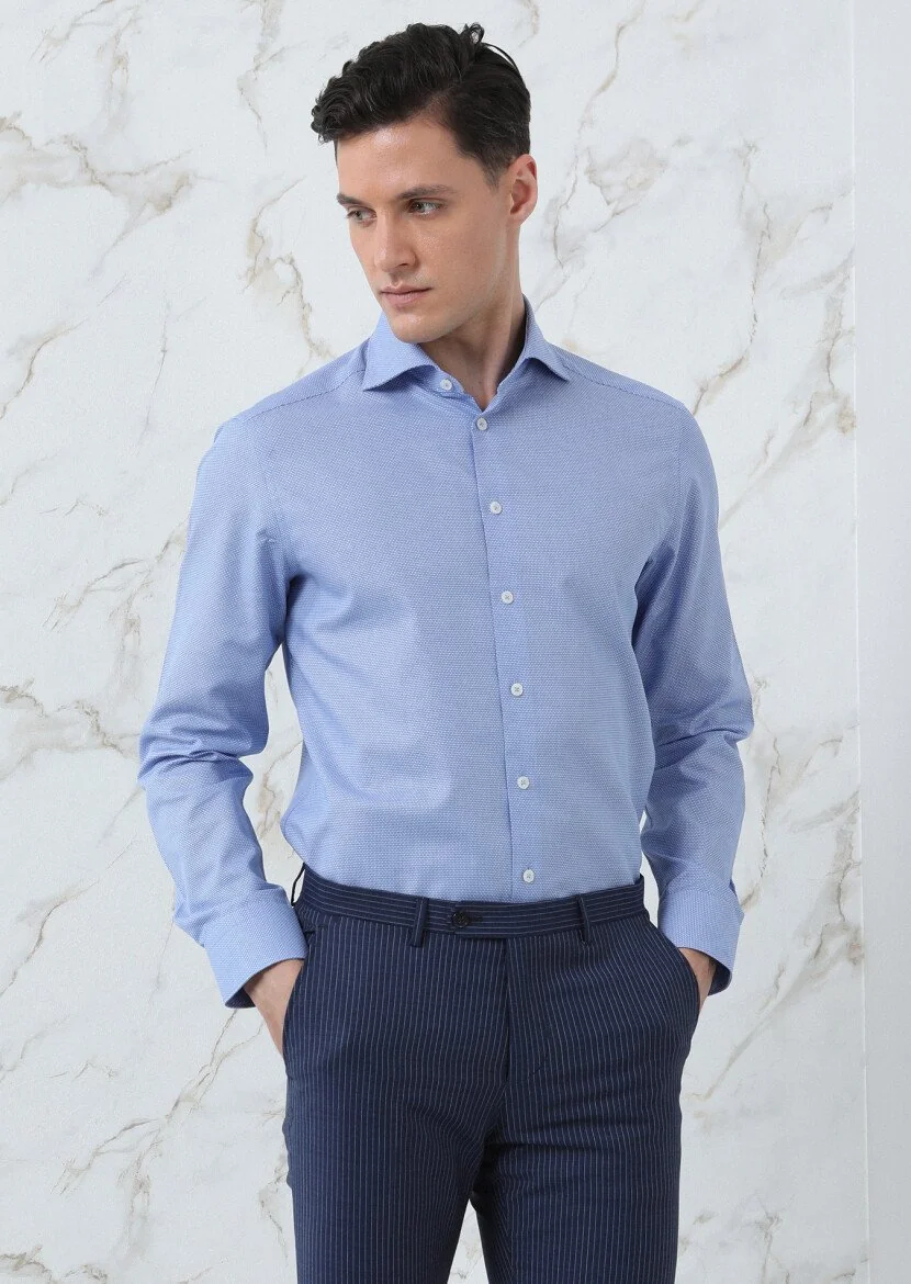 Blue Micro Regular Fit Weaving Classical 100% Cotton Shirt - 2