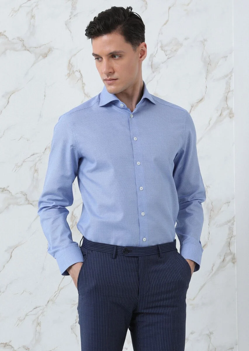 Blue Micro Regular Fit Weaving Classical 100% Cotton Shirt - 2