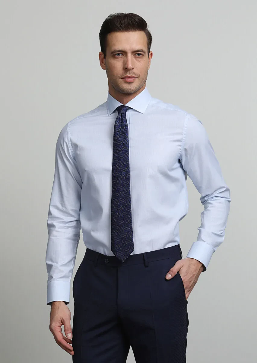 Blue Micro Regular Fit Weaving Classical 100% Cotton Shirt - 1