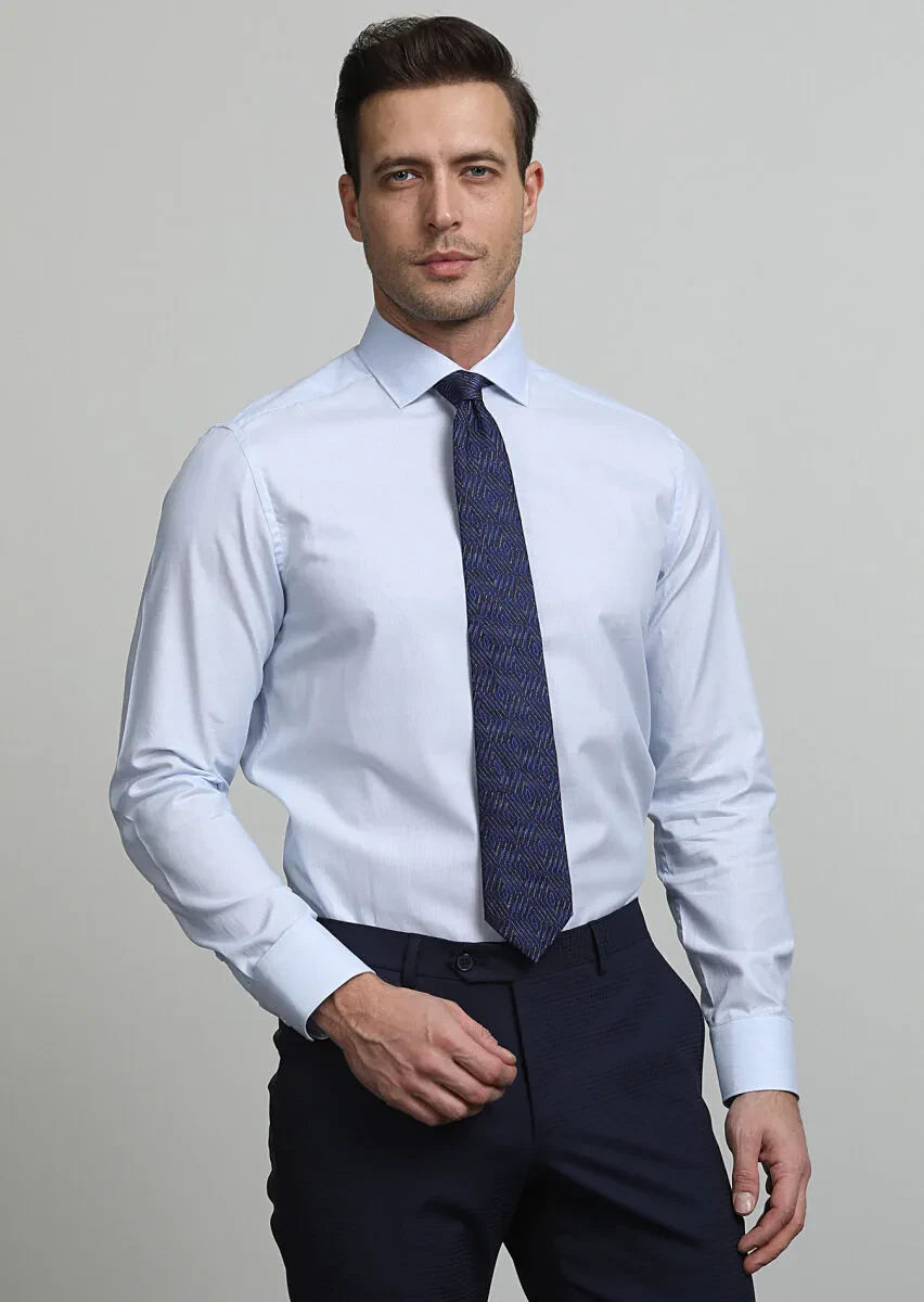 Blue Micro Regular Fit Weaving Classical 100% Cotton Shirt - 3