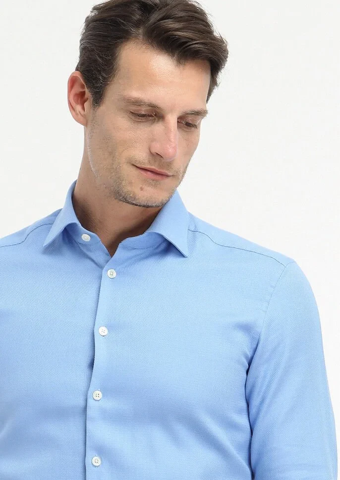 Blue Micro Regular Fit Weaving Classical 100% Cotton Shirt - 3