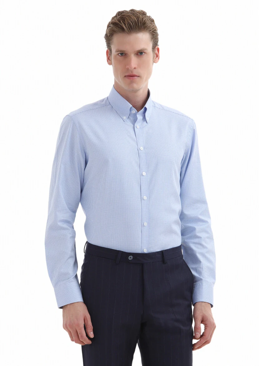 Blue Micro Regular Fit Weaving Classical 100% Cotton Shirt - 2