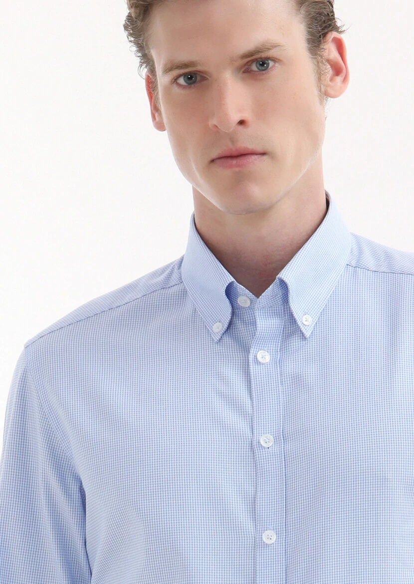 Blue Micro Regular Fit Weaving Classical 100% Cotton Shirt - 3