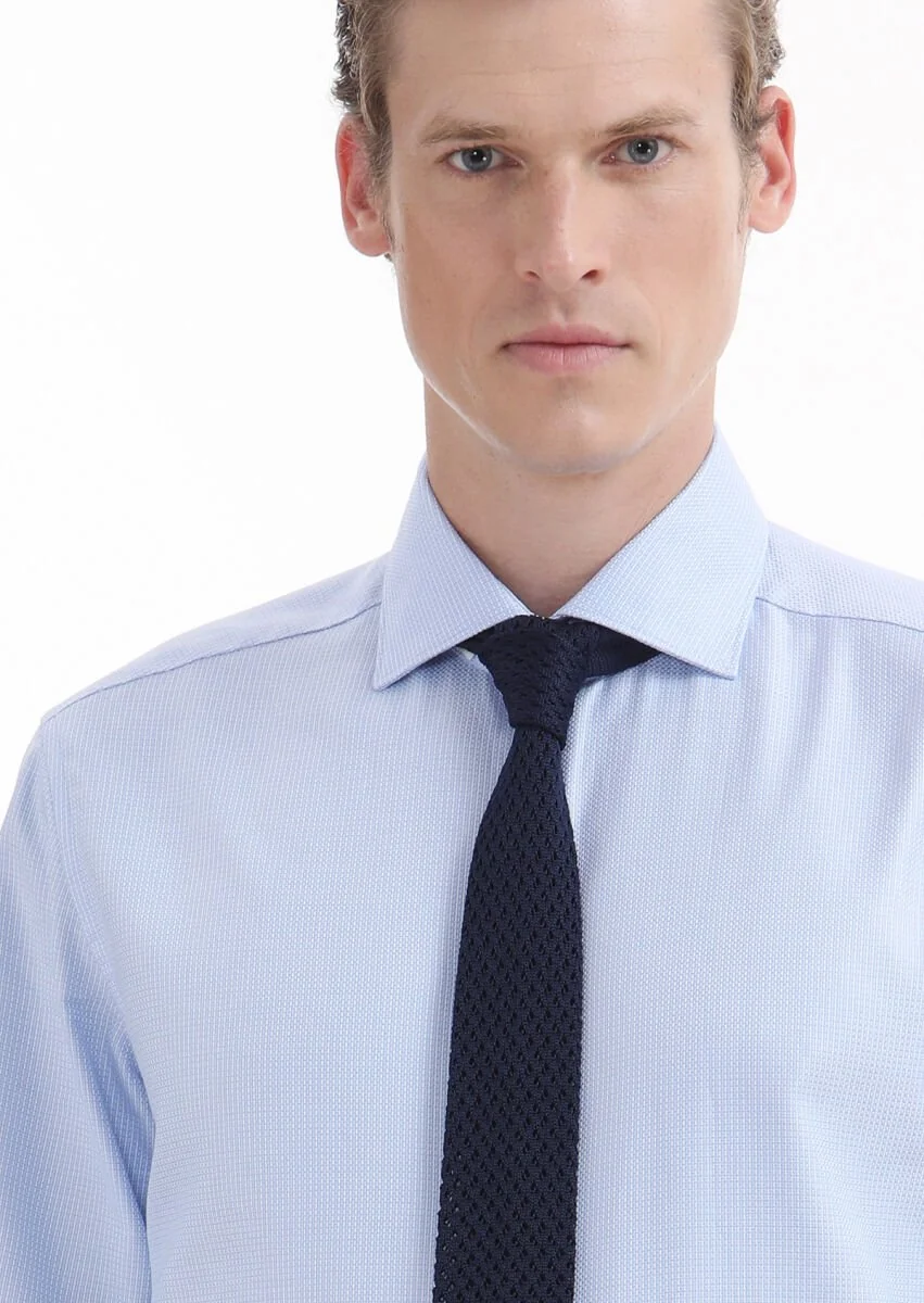 Blue Micro Regular Fit Weaving Classical 100% Cotton Shirt - 3