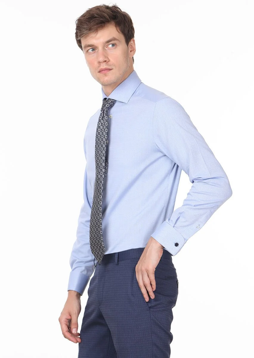Blue Micro Regular Fit Weaving Classical Cotton Blended Shirt - 2