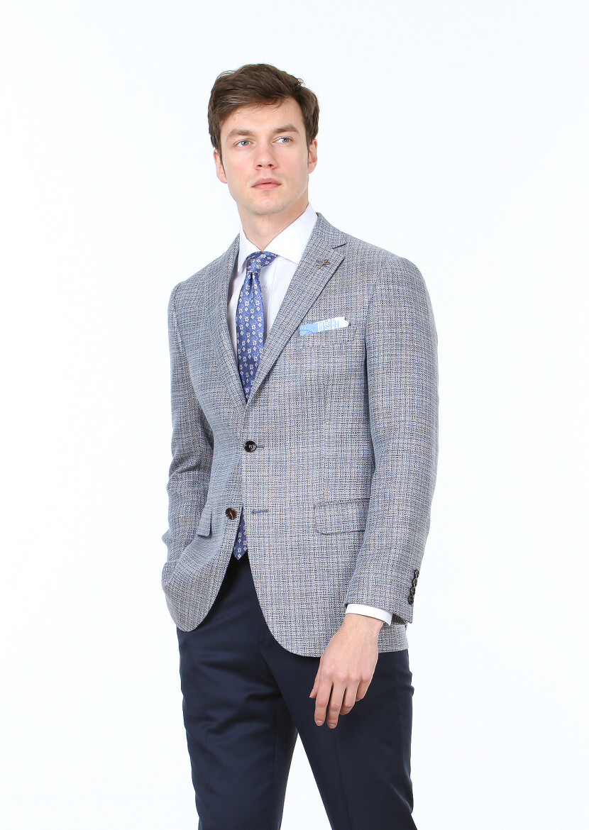 Blue Micro Regular Fit Wool Blended Jacket - 2