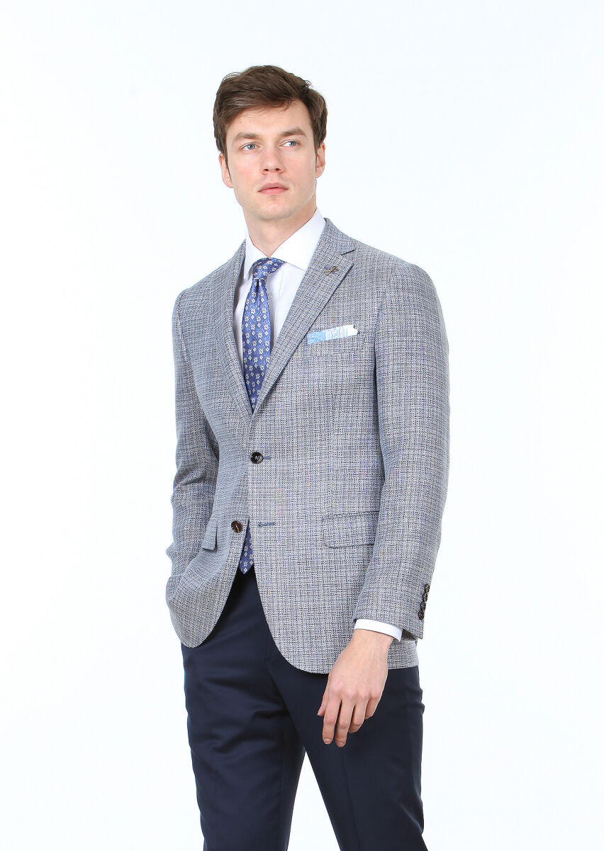 Blue Micro Regular Fit Wool Blended Jacket - 2
