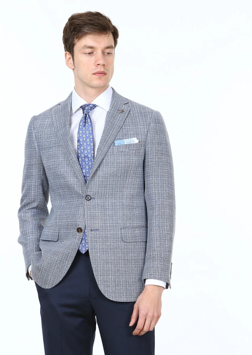 Blue Micro Regular Fit Wool Blended Jacket - 1