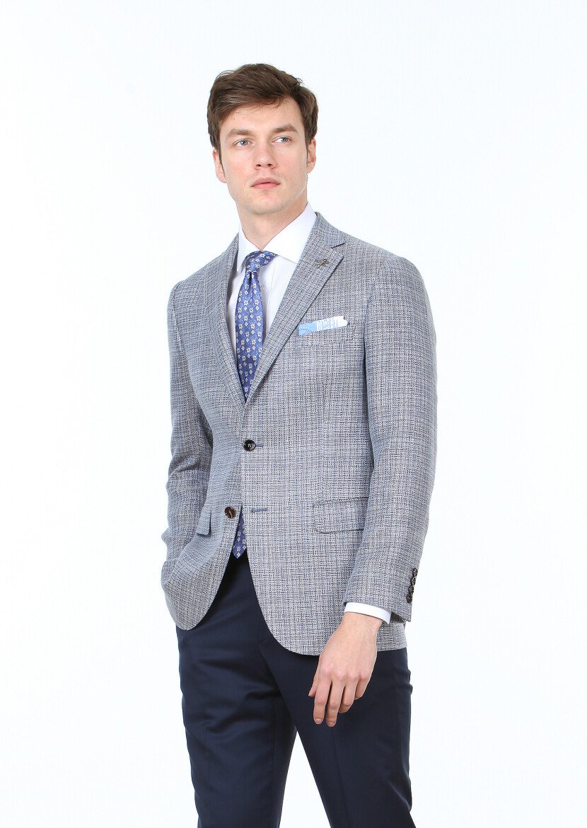 Blue Micro Regular Fit Wool Blended Jacket - 2