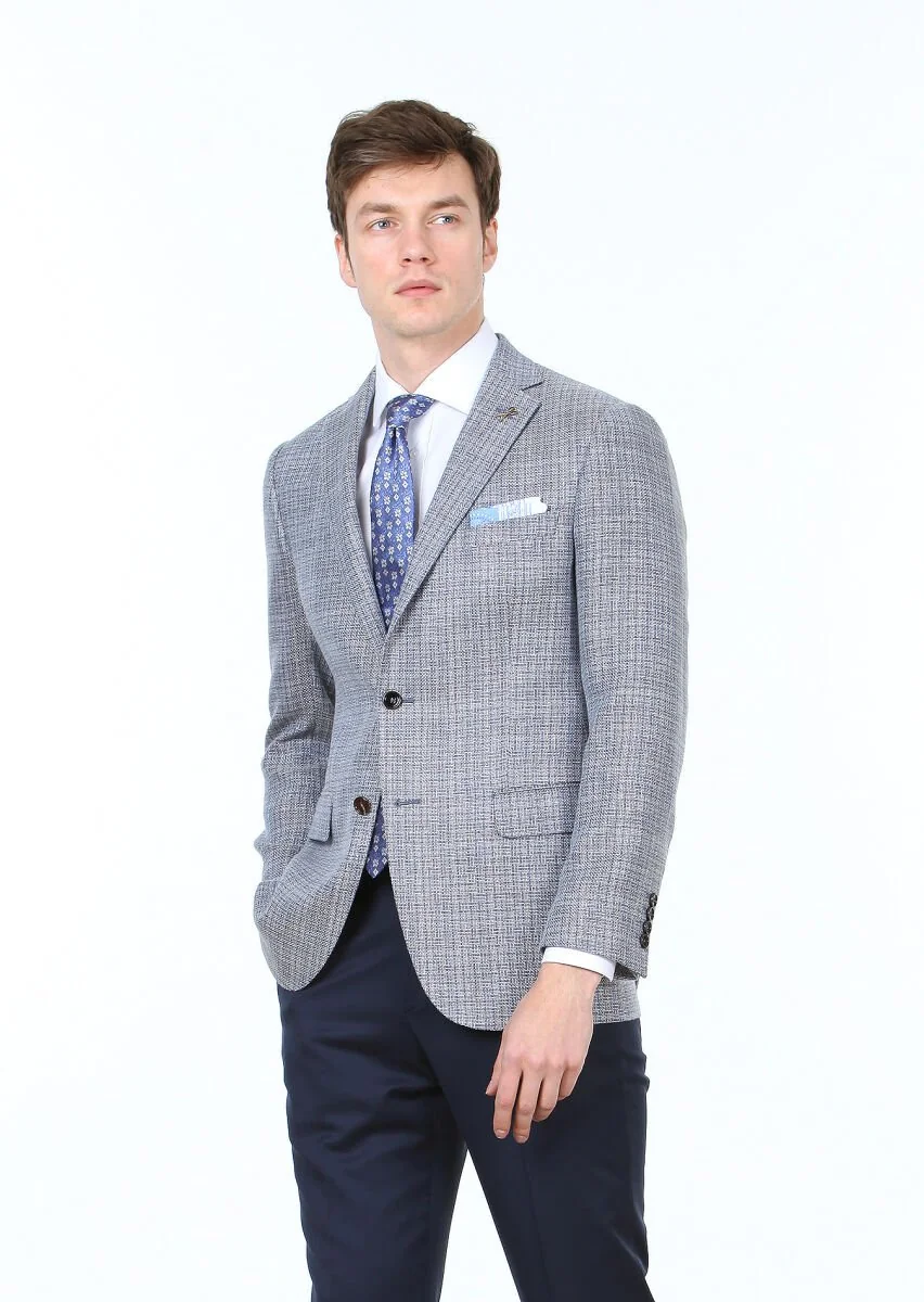 Blue Micro Regular Fit Wool Blended Jacket - 2