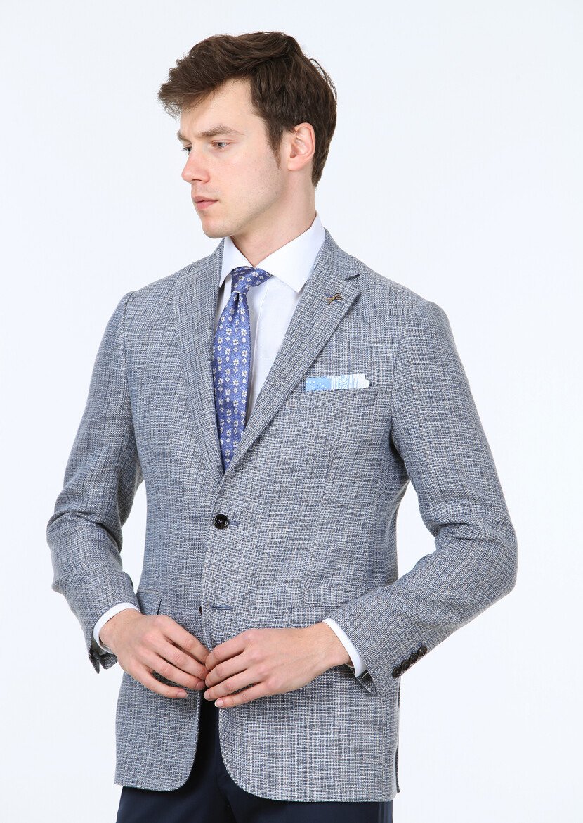 Blue Micro Regular Fit Wool Blended Jacket - 3