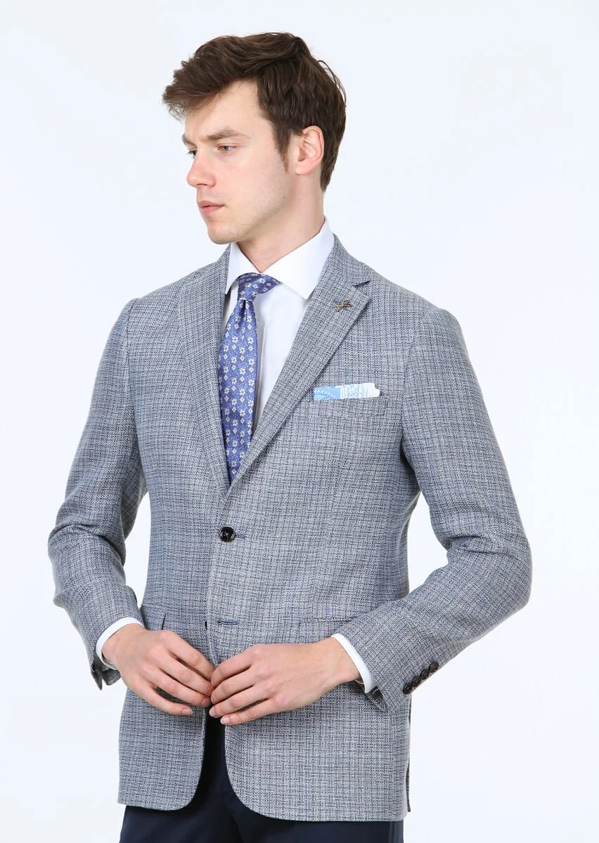 Blue Micro Regular Fit Wool Blended Jacket - 3