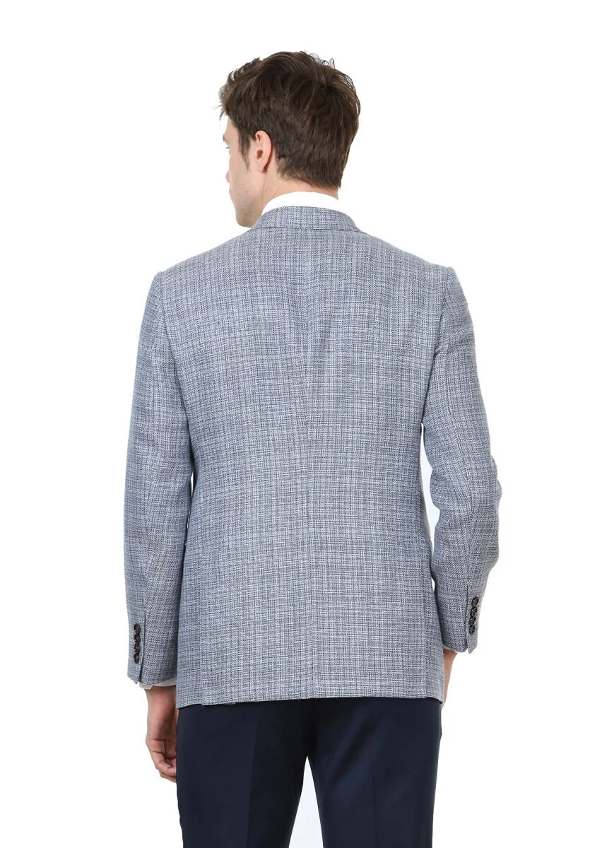 Blue Micro Regular Fit Wool Blended Jacket - 4