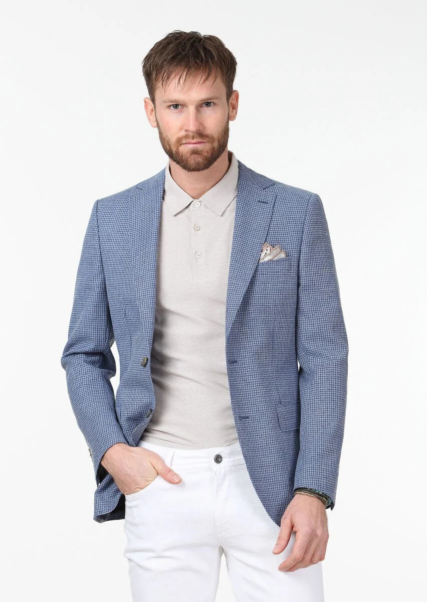 Blue Modern Fit Wool Blended Jacket - 1