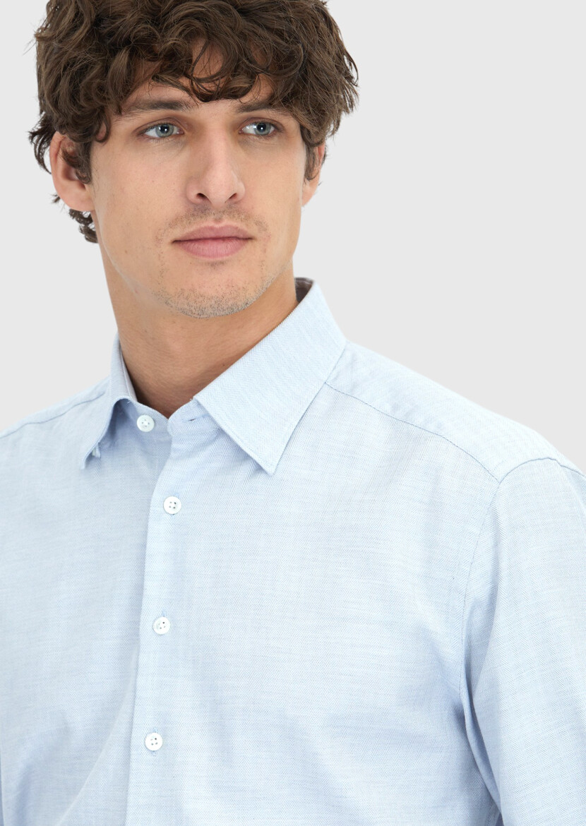 Blue Patterned Casual Fit Long Weaving Casual 100% Cotton Shirt - 3