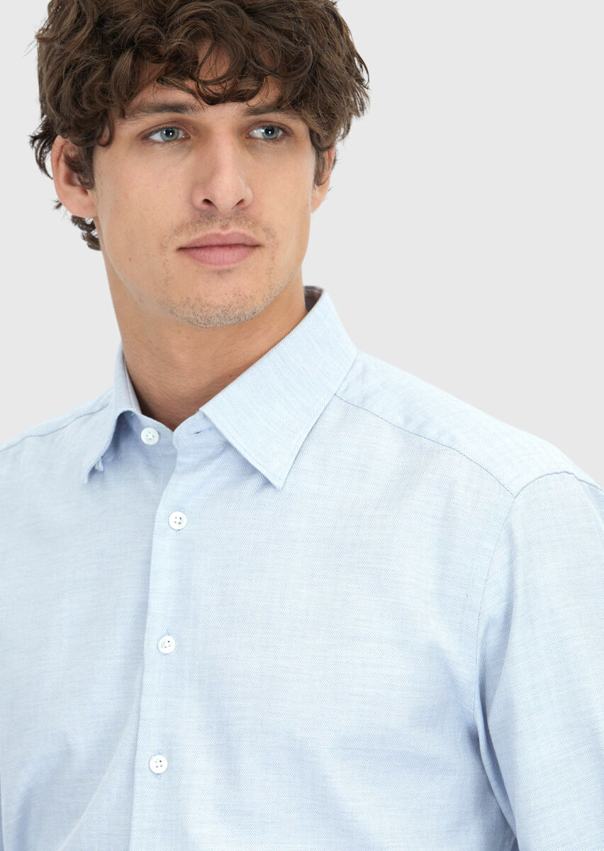 Blue Patterned Casual Fit Long Weaving Casual 100% Cotton Shirt - 3