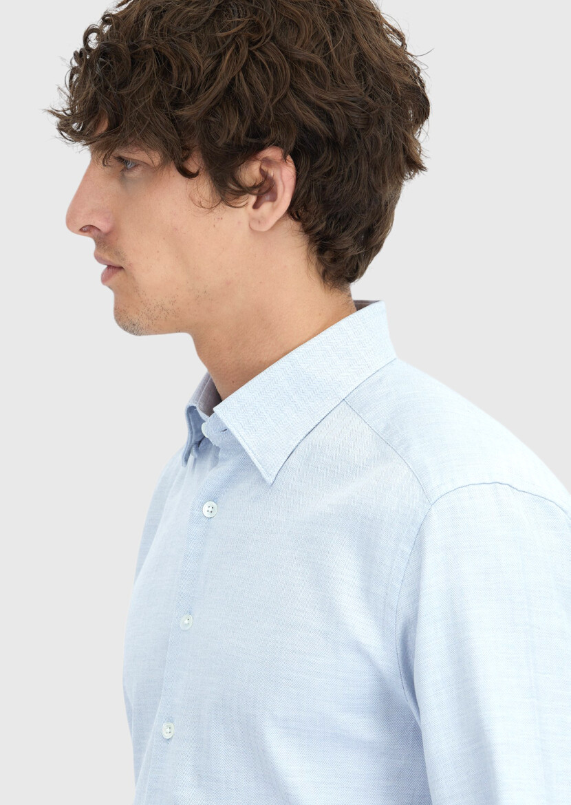 Blue Patterned Casual Fit Long Weaving Casual 100% Cotton Shirt - 4