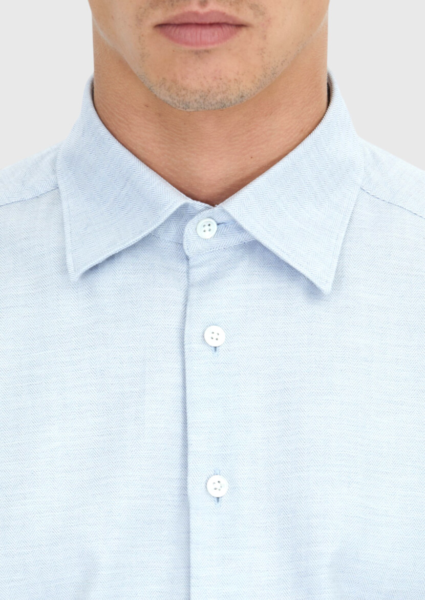 Blue Patterned Casual Fit Long Weaving Casual 100% Cotton Shirt - 5