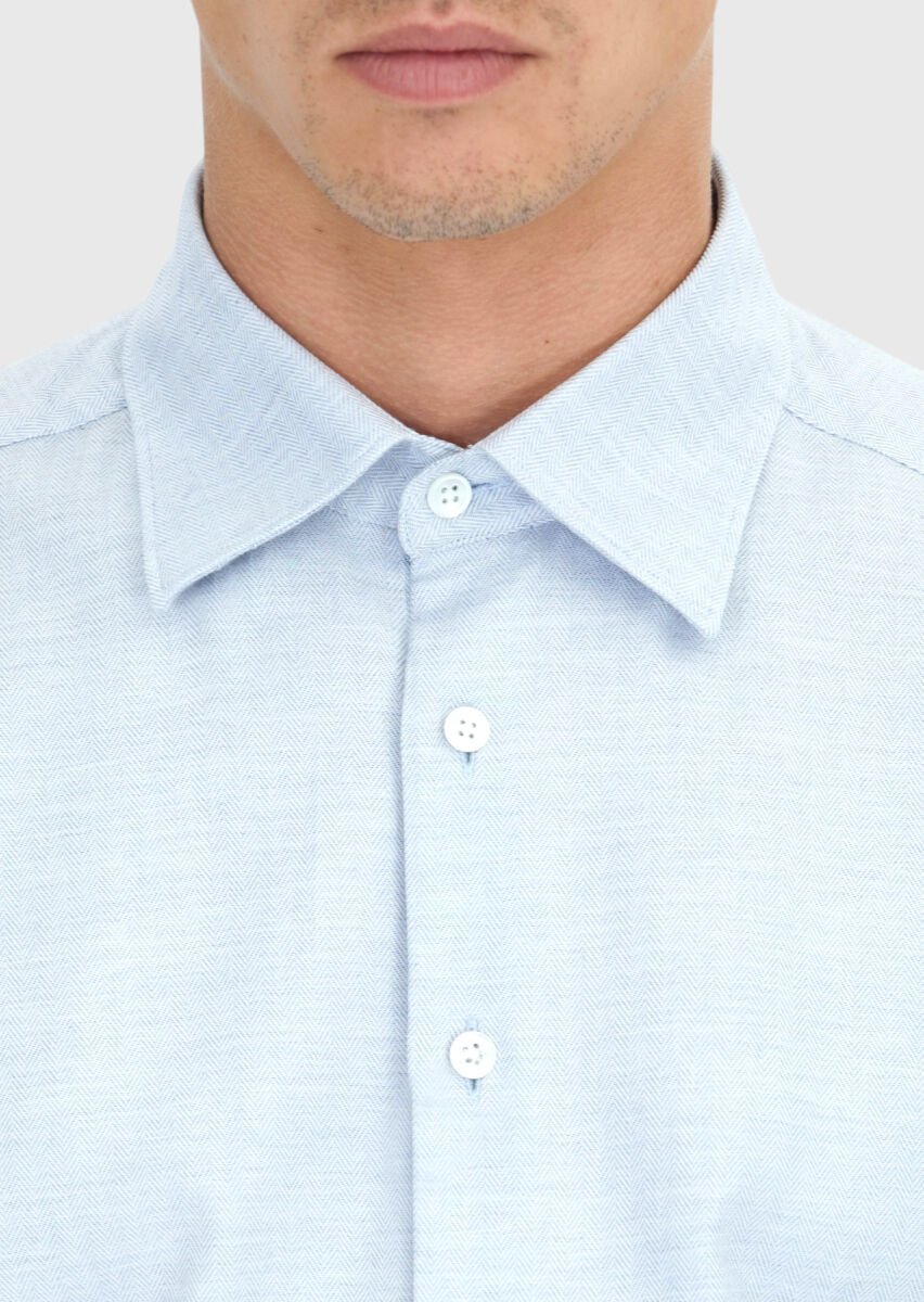 Blue Patterned Casual Fit Long Weaving Casual 100% Cotton Shirt - 5