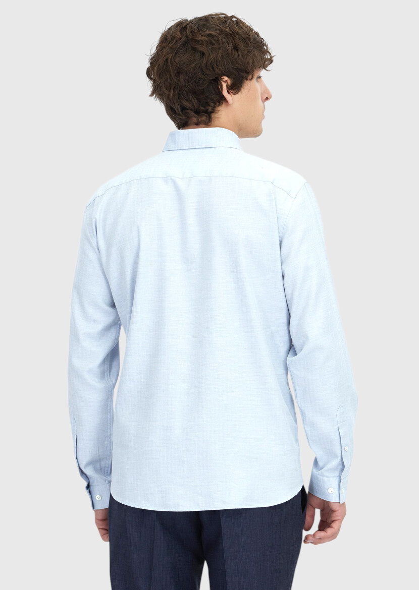 Blue Patterned Casual Fit Long Weaving Casual 100% Cotton Shirt - 6