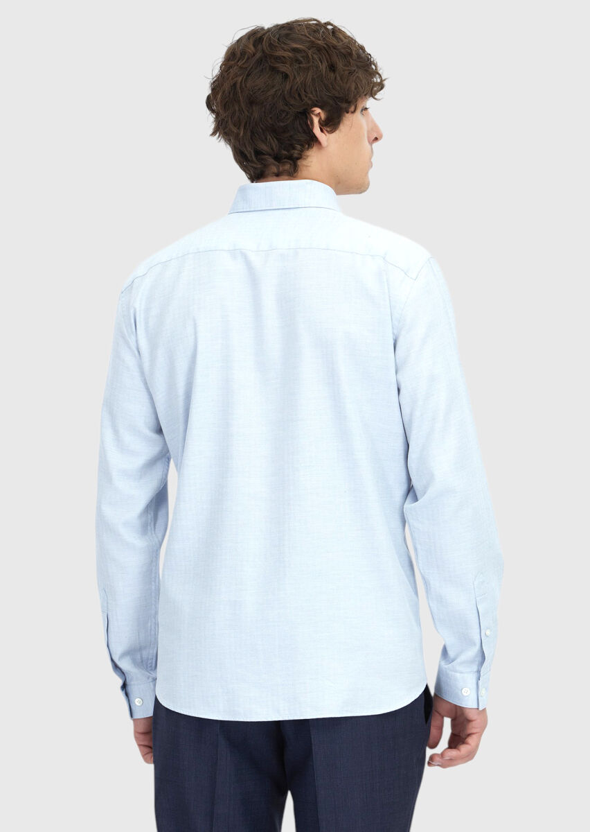 Blue Patterned Casual Fit Long Weaving Casual 100% Cotton Shirt - 6