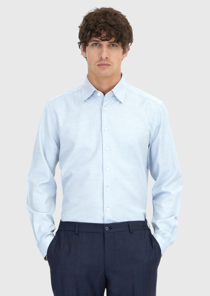 Blue Patterned Casual Fit Weaving Casual 100% Cotton Shirt - RAMSEY