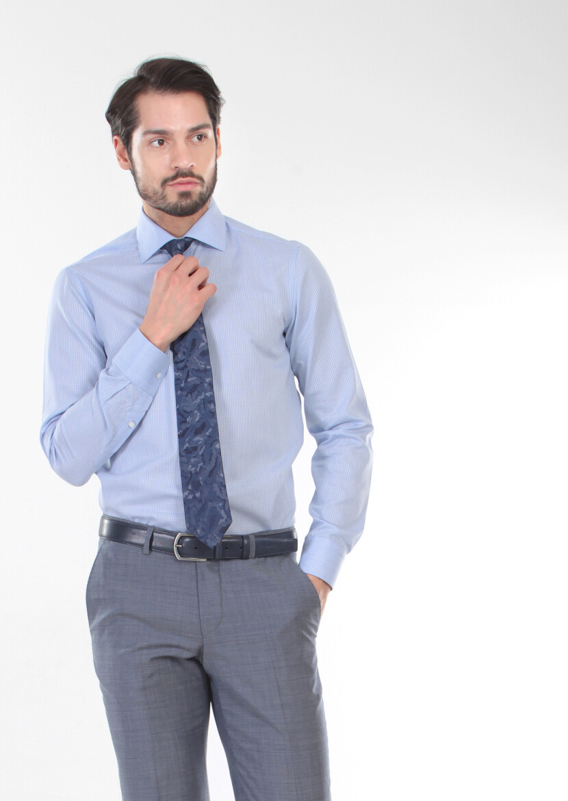 Blue Patterned Regular Fit Long Weaving Classical 100% Cotton Shirt - 1