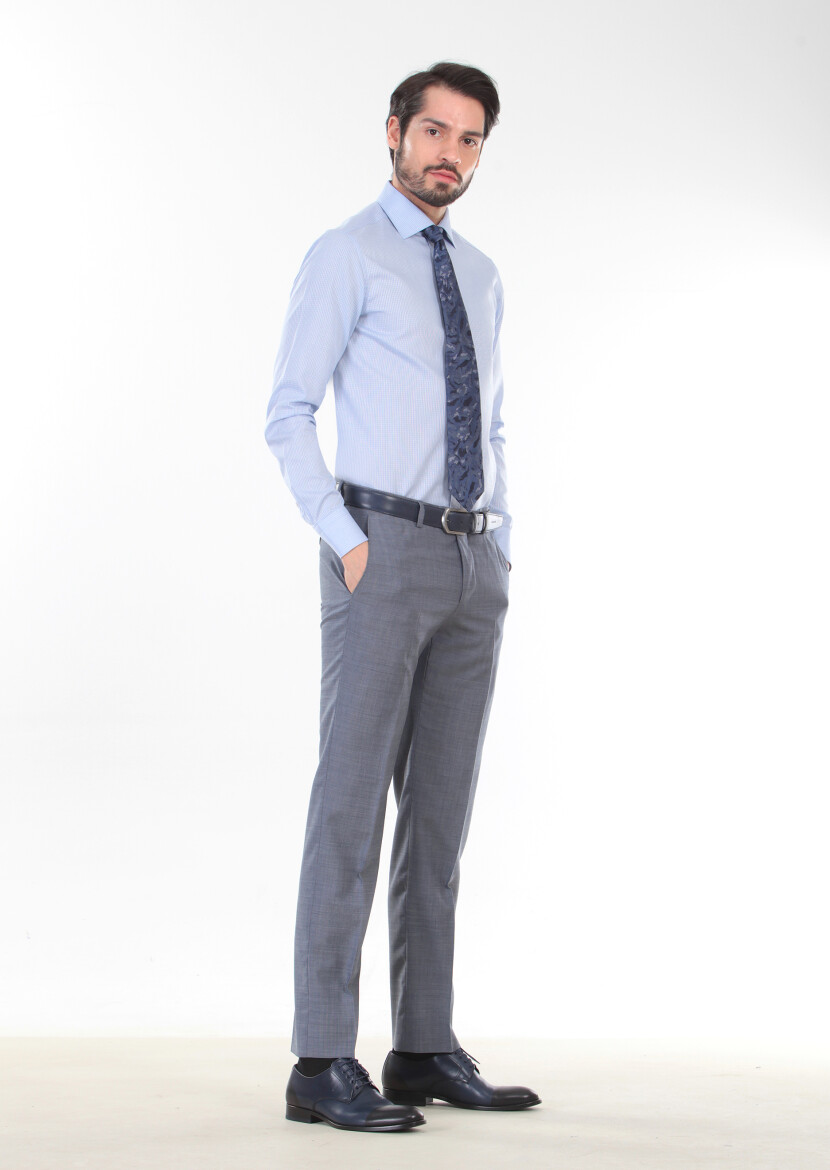 Blue Patterned Regular Fit Long Weaving Classical 100% Cotton Shirt - 3