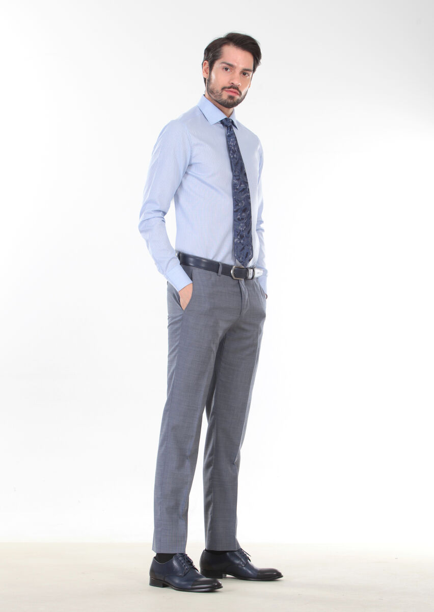 Blue Patterned Regular Fit Long Weaving Classical 100% Cotton Shirt - 3