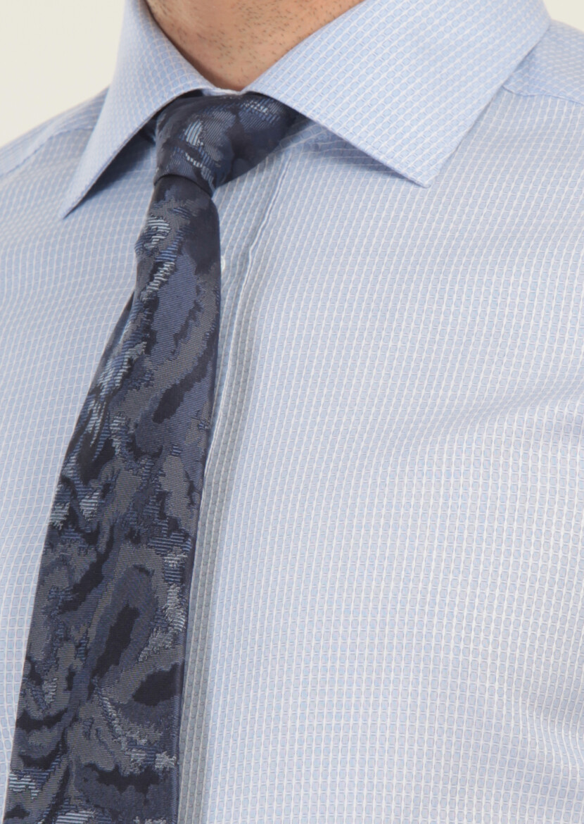 Blue Patterned Regular Fit Long Weaving Classical 100% Cotton Shirt - 4