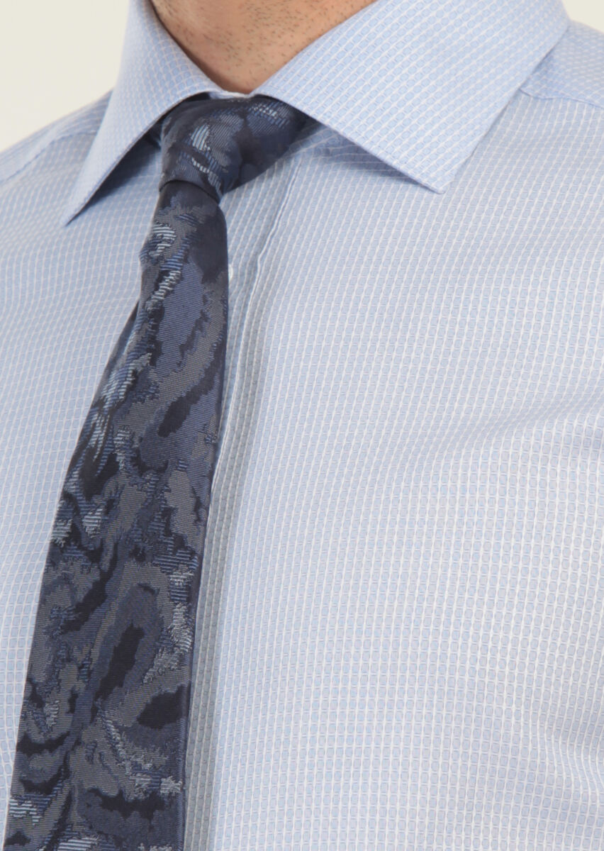 Blue Patterned Regular Fit Long Weaving Classical 100% Cotton Shirt - 4