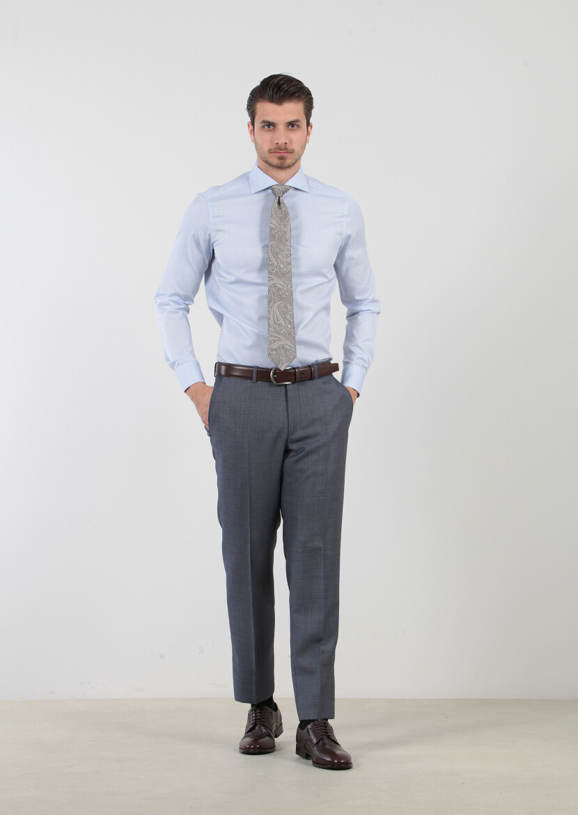 Blue Patterned Regular Fit Long Weaving Classical 100% Cotton Shirt - 1