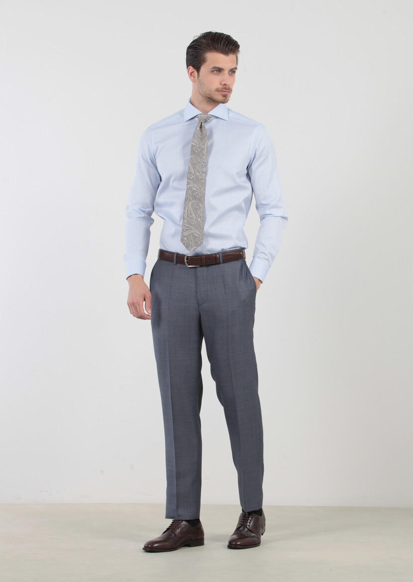 Blue Patterned Regular Fit Long Weaving Classical 100% Cotton Shirt - 2