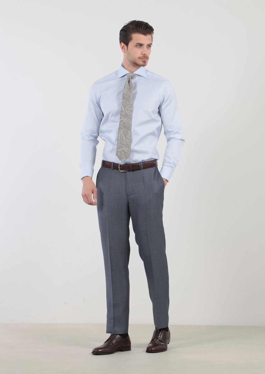 Blue Patterned Regular Fit Long Weaving Classical 100% Cotton Shirt - 2