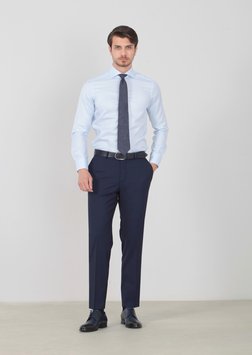 Blue Patterned Regular Fit Long Weaving Classical 100% Cotton Shirt - 2