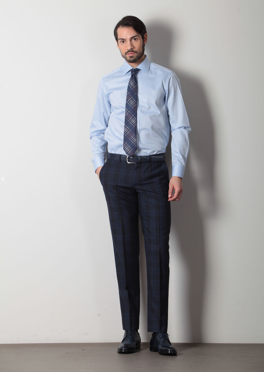 Blue Patterned Regular Fit Long Weaving Classical 100% Cotton Shirt - 1