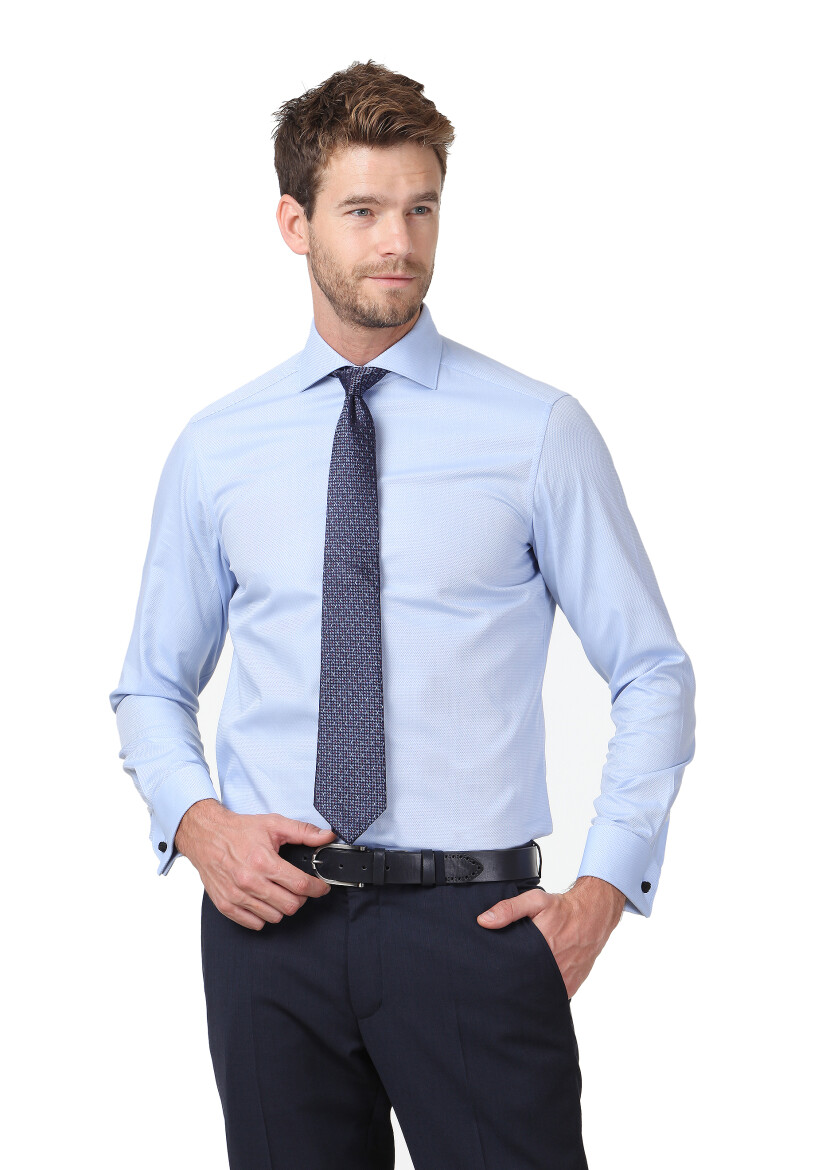 Blue Patterned Regular Fit Long Weaving Classical 100% Cotton Shirt - 1