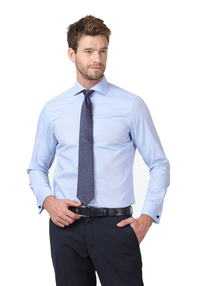 Blue Patterned Regular Fit Long Weaving Classical 100% Cotton Shirt - 1