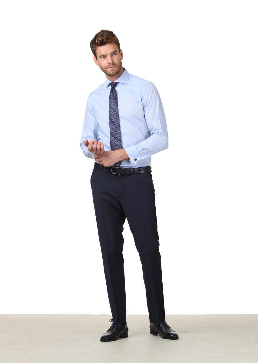 Blue Patterned Regular Fit Long Weaving Classical 100% Cotton Shirt - 2