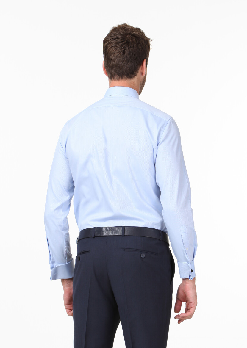 Blue Patterned Regular Fit Long Weaving Classical 100% Cotton Shirt - 3